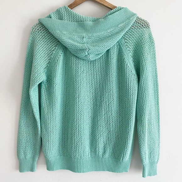 Turquoise Open-Knit Crochet Hoodie by Shirt 469, Size Medium, Linen Cotton Blend - Picture 6 of 11